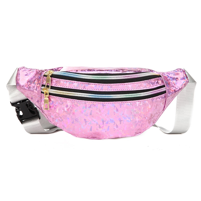 Sac Banane Holographique Brillant – Taille Ajustable Étanché, Style Rétro 80's Bleu